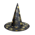 Halloween Hat with a black pointed fabric crown and brim, decorated with gold spiderwebs and small spiders