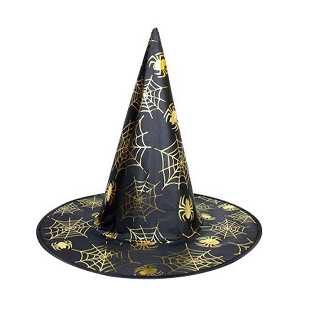 Halloween Hat with a black pointed fabric crown and brim, decorated with gold spiderwebs and small spiders