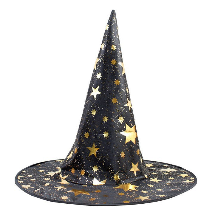 Halloween Hat in black fabric with gold and white stars, featuring a tall pointed crown and wide brim