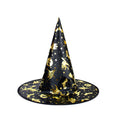 Halloween Hat in black fabric with a pointed crown and brim, patterned with gold stars, moons, and magical motifs