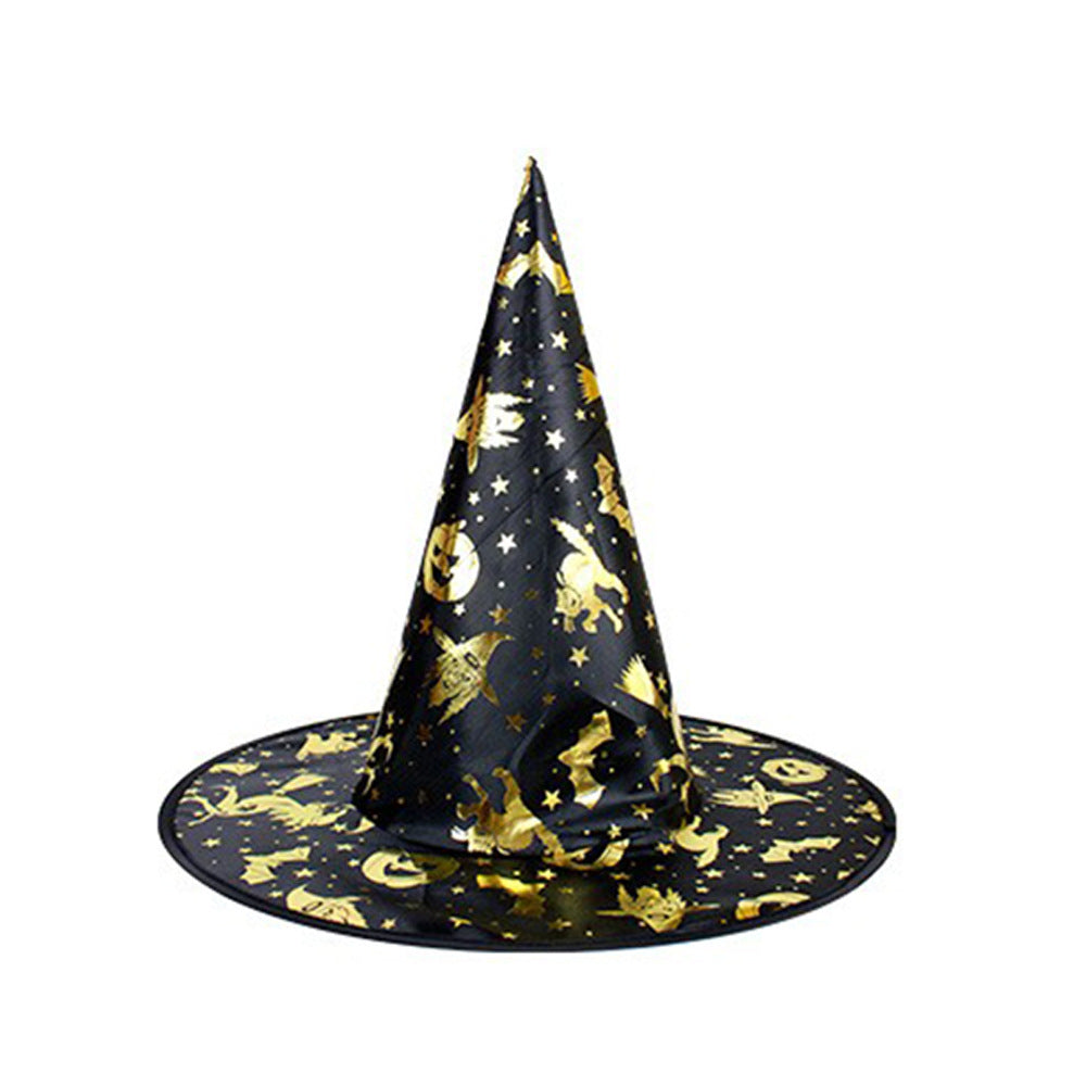 Halloween Hat in black fabric with a pointed crown and brim, patterned with gold stars, moons, and magical motifs