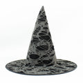 Halloween Hat with a pointed black cone and brim, covered in distressed gray fabric with irregular cutout patches