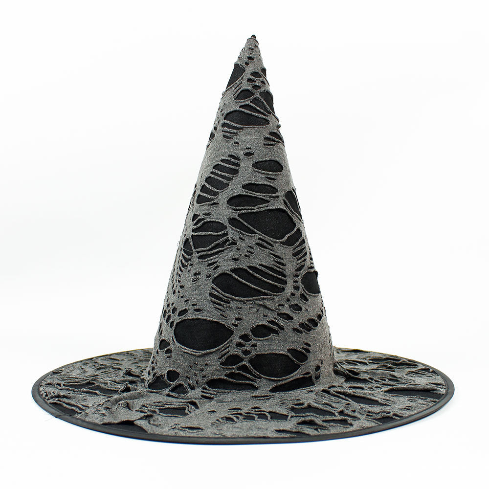 Halloween Hat with a pointed black cone and brim, covered in distressed gray fabric with irregular cutout patches