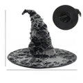 Halloween Hat in black and gray fabric with distressed web-like cutouts, a floppy pointed crown and wide brim