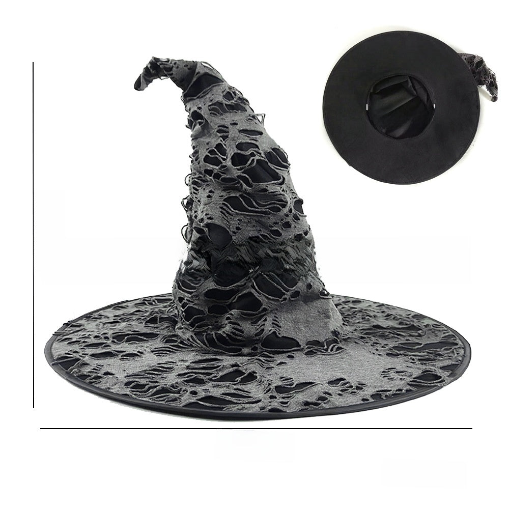 Halloween Hat in black and gray fabric with distressed web-like cutouts, a floppy pointed crown and wide brim