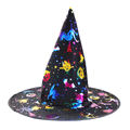 Halloween Hat in black fabric with a tall pointed crown and brim, covered in colorful cats, bats, and stars