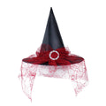 Halloween Hat with a tall black pointed crown, red lace webbing, and a sparkling circular buckle at the brim