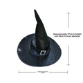 Halloween Hat with a tall pointed black fabric crown, wide brim and a buckle detail on the hatband.