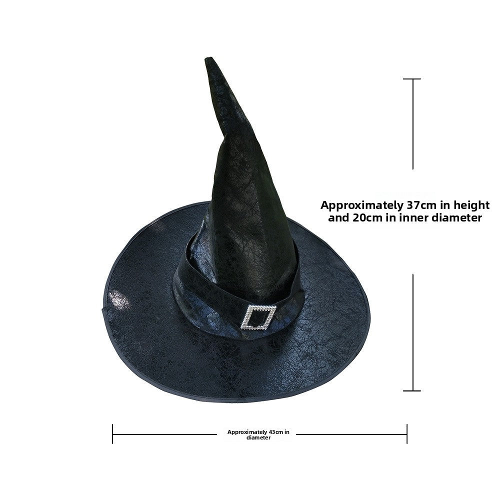 Halloween Hat with a tall pointed black fabric crown, wide brim and a buckle detail on the hatband.