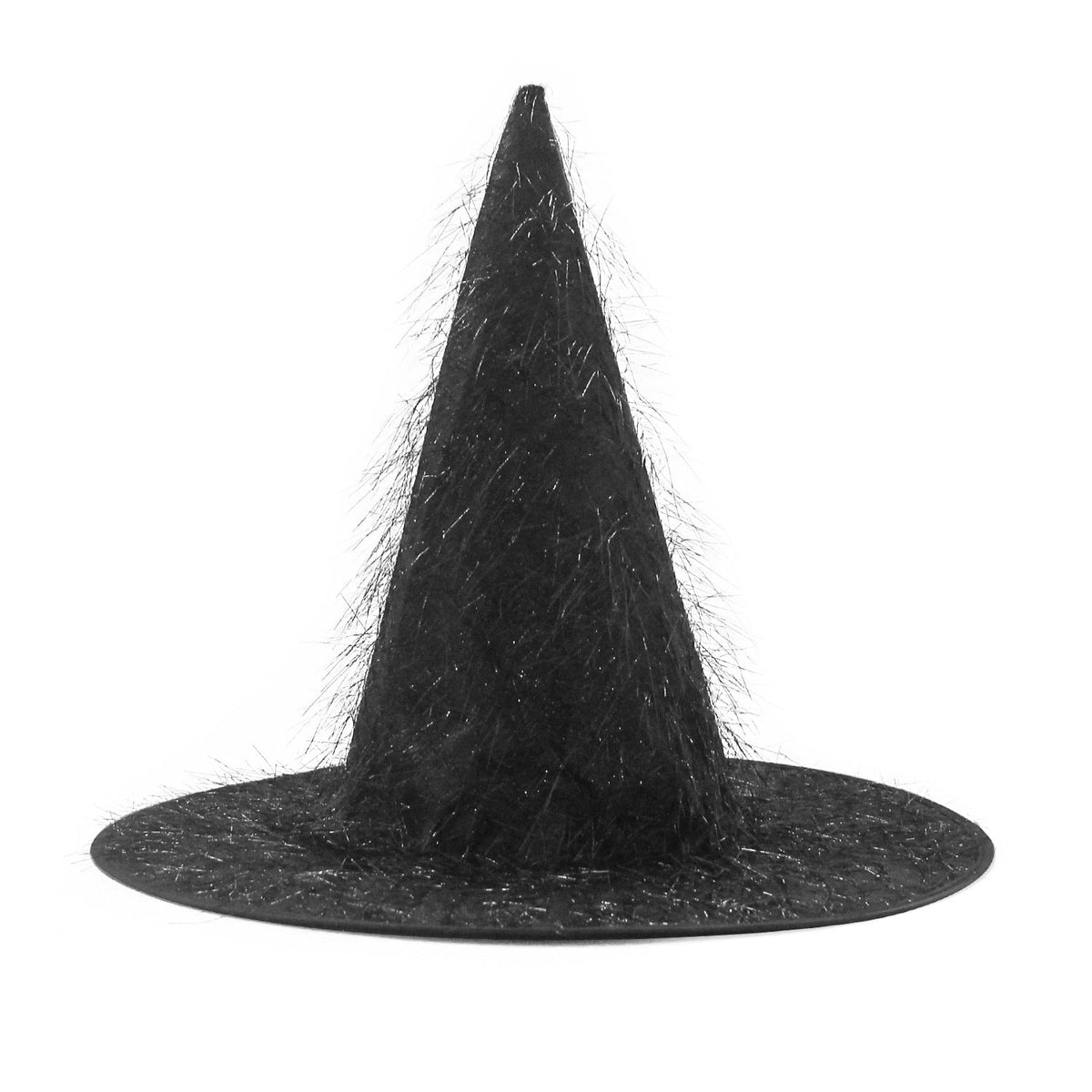 Halloween Hat with a tall pointed black fabric crown and wide brim, finished with wispy feather-like fibers