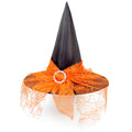 Halloween Hat with a tall black pointed crown, orange spiderweb mesh brim and decorative beaded ring