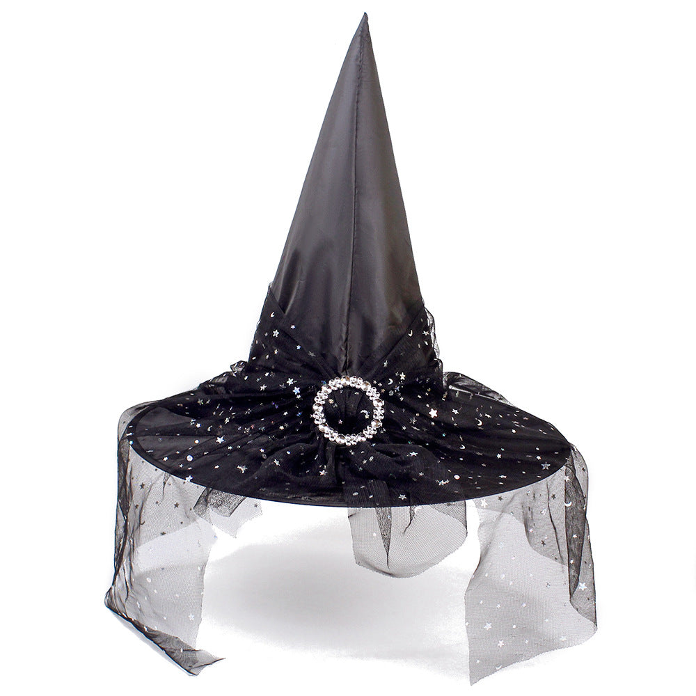 Halloween Hat in black satin with a tall pointed crown, starry mesh brim, and sparkling jeweled buckle