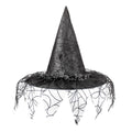 Halloween Hat with a tall black pointed fabric crown, shiny finish, spiderweb pattern and dangling netted fringe