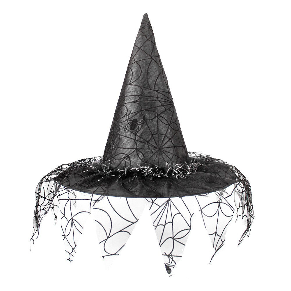 Halloween Hat with a tall black pointed fabric crown, shiny finish, spiderweb pattern and dangling netted fringe