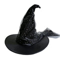 Halloween Hat in black fabric with a pointed crown, sheer star-speckled mesh overlay, and wide brim
