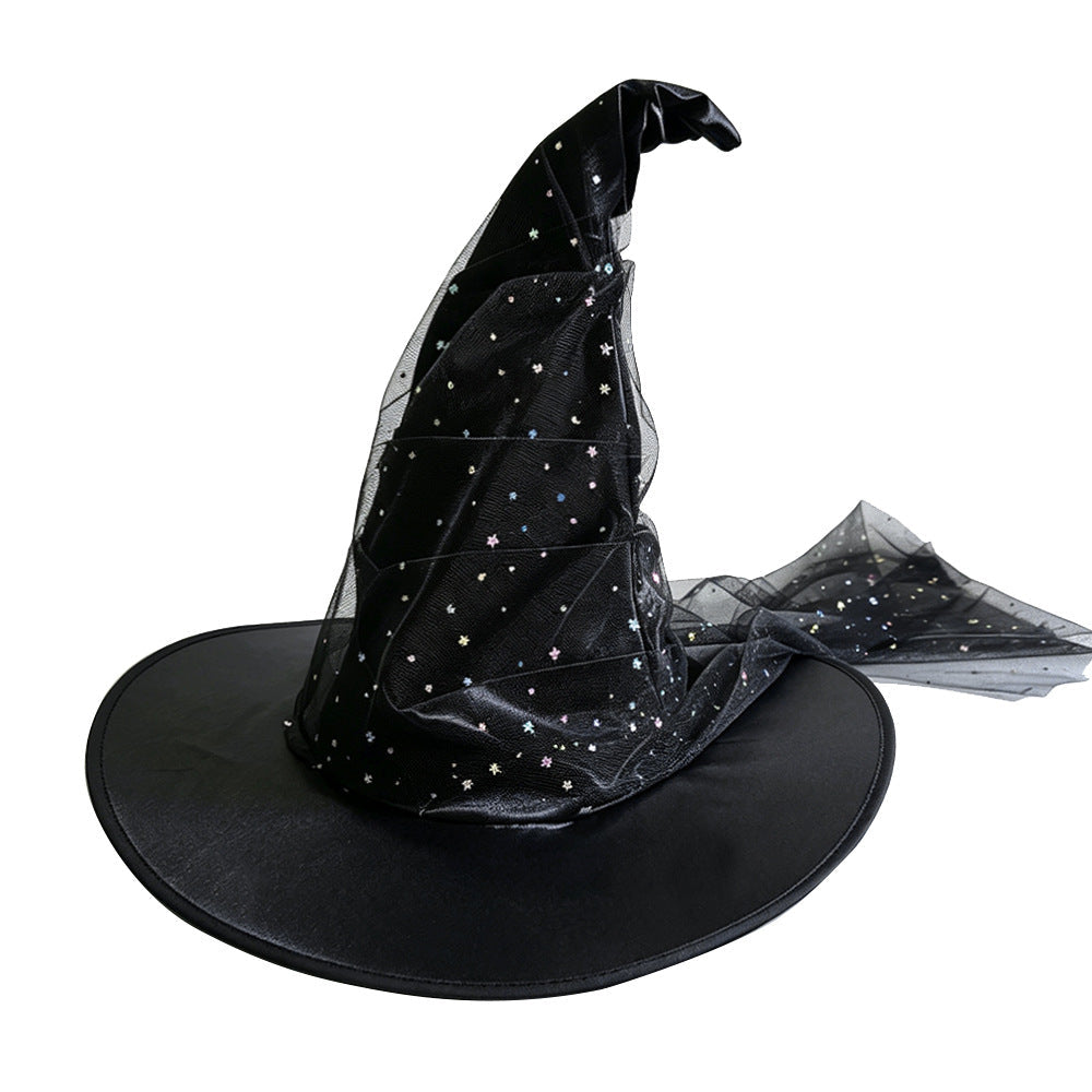 Halloween Hat in black fabric with a pointed crown, sheer star-speckled mesh overlay, and wide brim