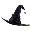 Halloween Hat in black crinkled fabric with a tall bent pointed crown, wide brim, and dangling bat charm