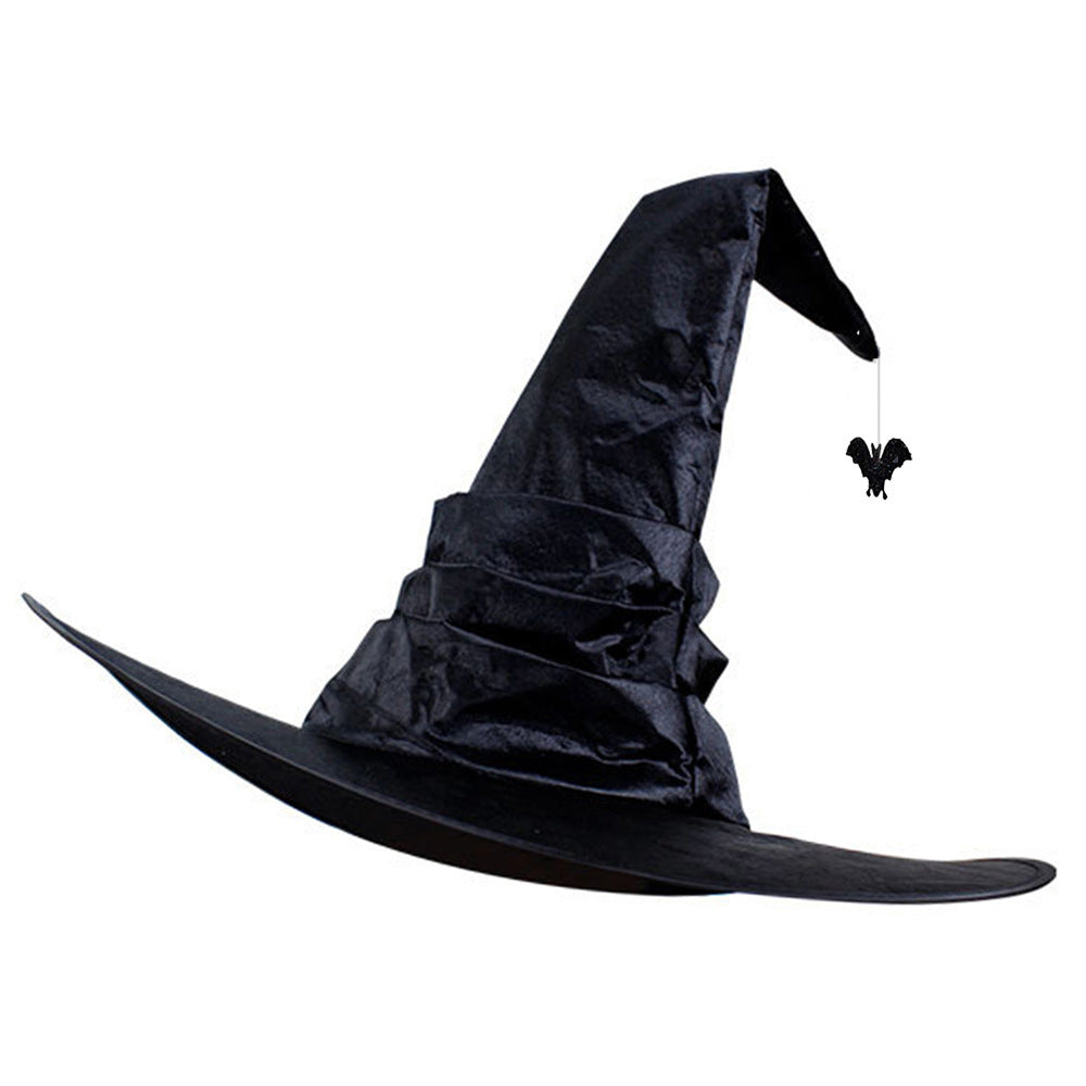 Halloween Hat in black crinkled fabric with a tall bent pointed crown, wide brim, and dangling bat charm