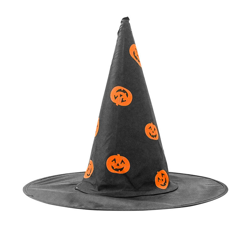 Halloween Hat in black cloth with a tall pointed cone and bright orange jack-o'-lantern prints across the crown