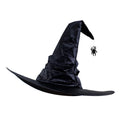 Halloween Hat in black fabric with a tall bent pointed crown, wide brim, gathered band and small spider detail