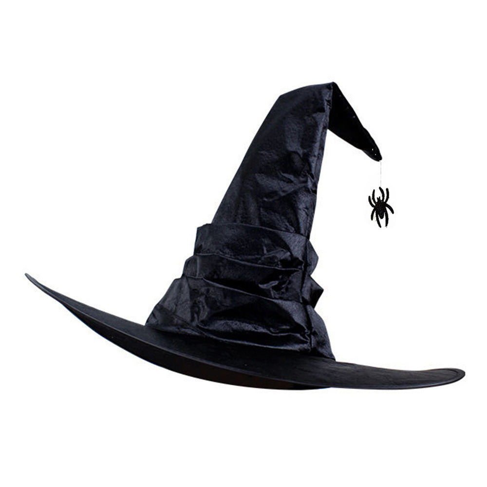 Halloween Hat in black fabric with a tall bent pointed crown, wide brim, gathered band and small spider detail