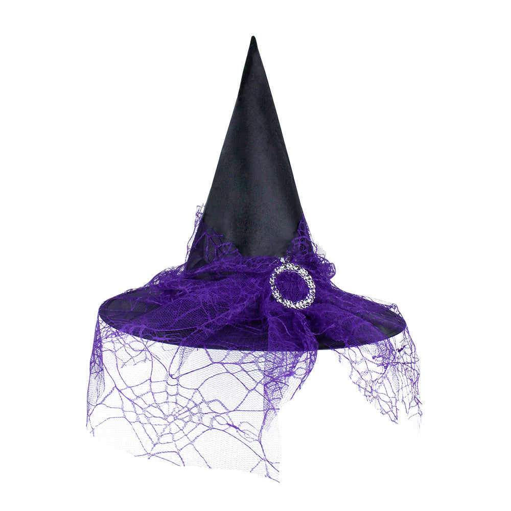 Halloween Hat with a black pointed crown, purple brim and draped spiderweb mesh, finished with a silver ring accent.