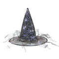 Halloween Hat in black cloth with a pointed crown, silver spiderweb pattern, and sheer mesh accents around the brim