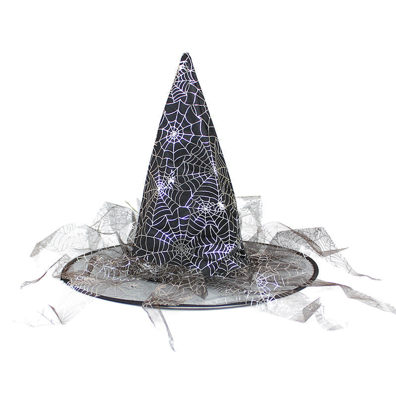 Halloween Hat in black cloth with a pointed crown, silver spiderweb pattern, and sheer mesh accents around the brim
