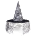 Halloween Hat with a black cone covered in white spiderweb print and a wide brim draped in sheer black web mesh