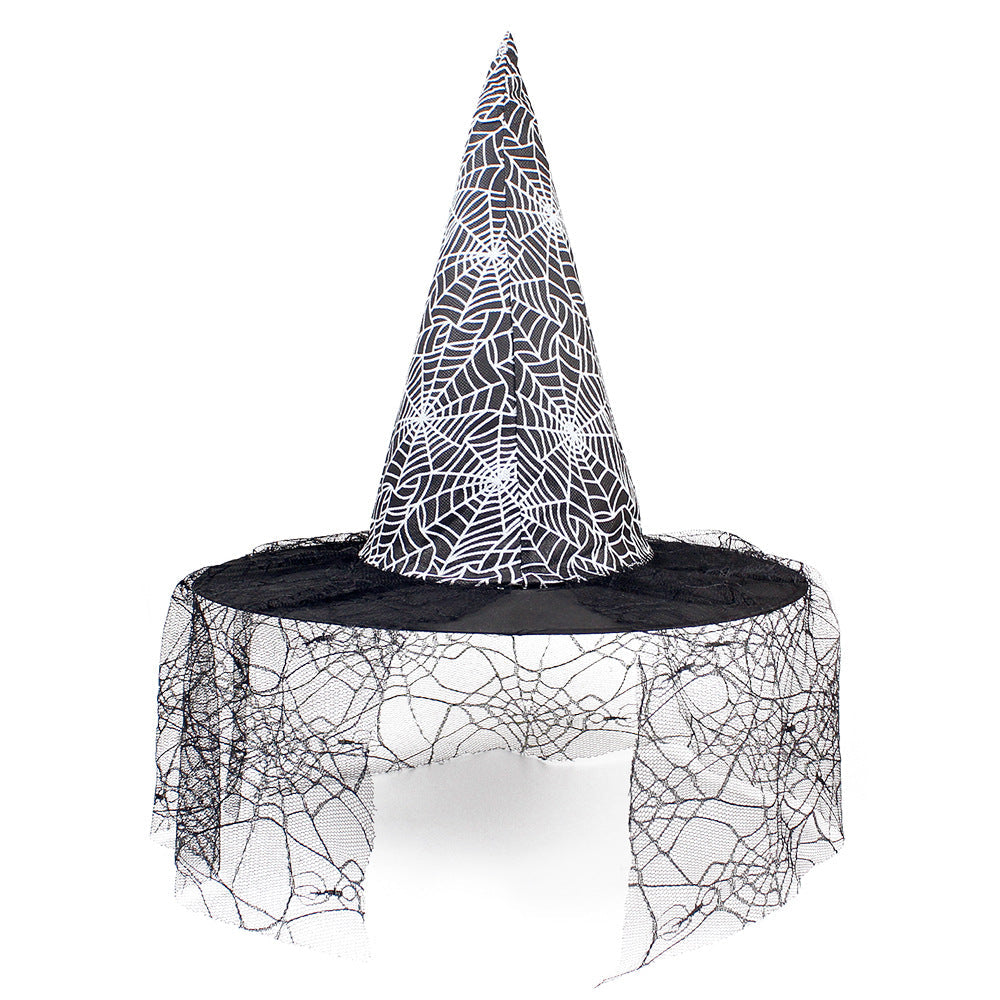 Halloween Hat with a black cone covered in white spiderweb print and a wide brim draped in sheer black web mesh