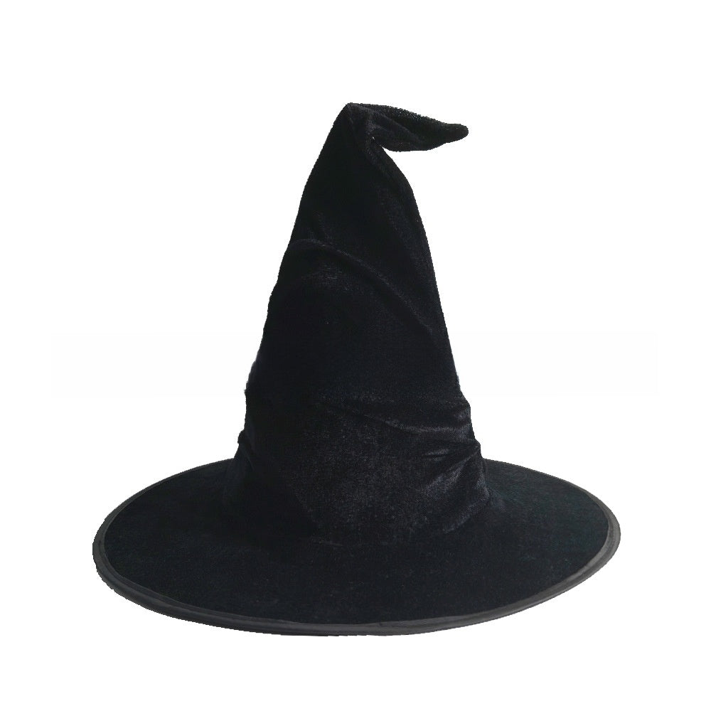Halloween Hat in black velvet fabric with a tall, floppy pointed crown and a wide circular brim