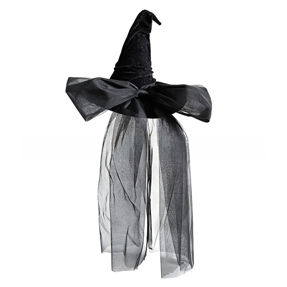Halloween Hat in black velvet with a pointed crown, wide bow-like brim and long sheer mesh drapes