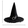 Halloween Hat in black velvet with a pointed crown, satin band, rhinestone buckle and lace-trimmed brim
