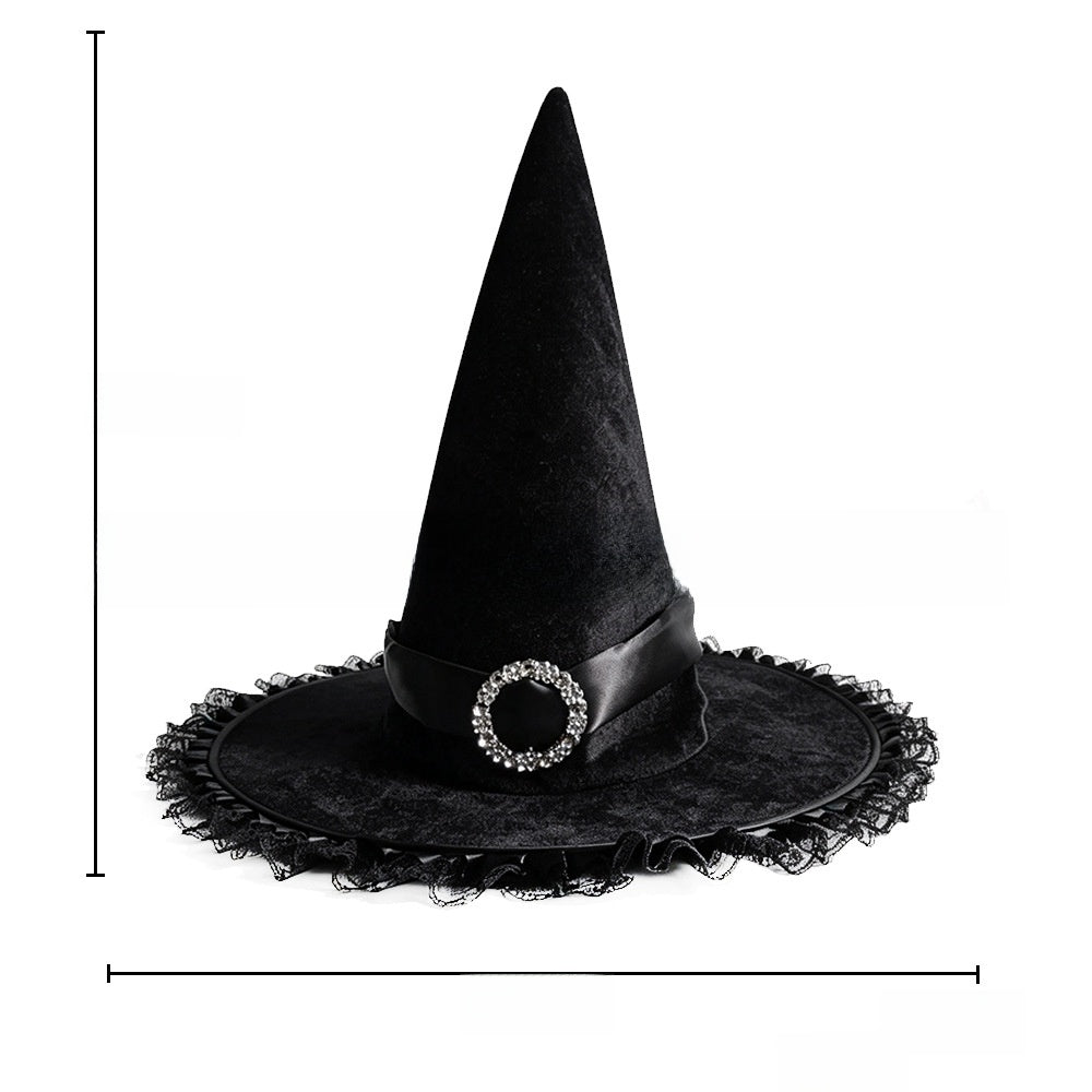 Halloween Hat in black velvet with a pointed crown, satin band, rhinestone buckle and lace-trimmed brim
