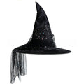 Halloween Hat in black velvet with a tall pointed crown, multicolored star accents and a sheer dotted veil