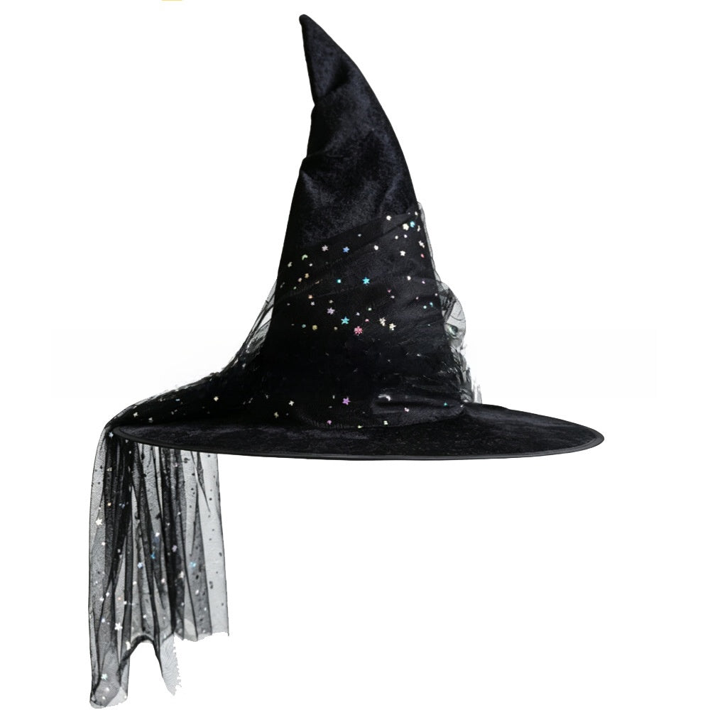 Halloween Hat in black velvet with a tall pointed crown, multicolored star accents and a sheer dotted veil