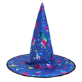 Halloween Hat in vivid blue fabric with colorful star and animal prints, a tall pointed crown and black-edged brim