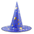Halloween Hat in blue fabric with gold stars and scattered white speckles, featuring a tall pointed crown and wide brim