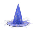 Halloween Hat in royal blue fabric with silver spiderweb print, a pointed crown and wispy mesh trim around the brim