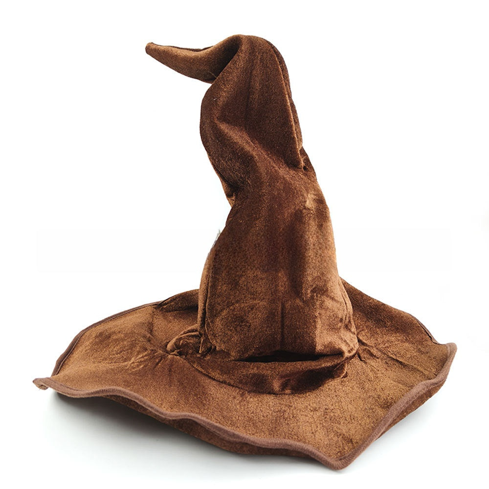 Halloween Hat in brown velvet with a tall, floppy pointed crown and a wide, softly wavy brim