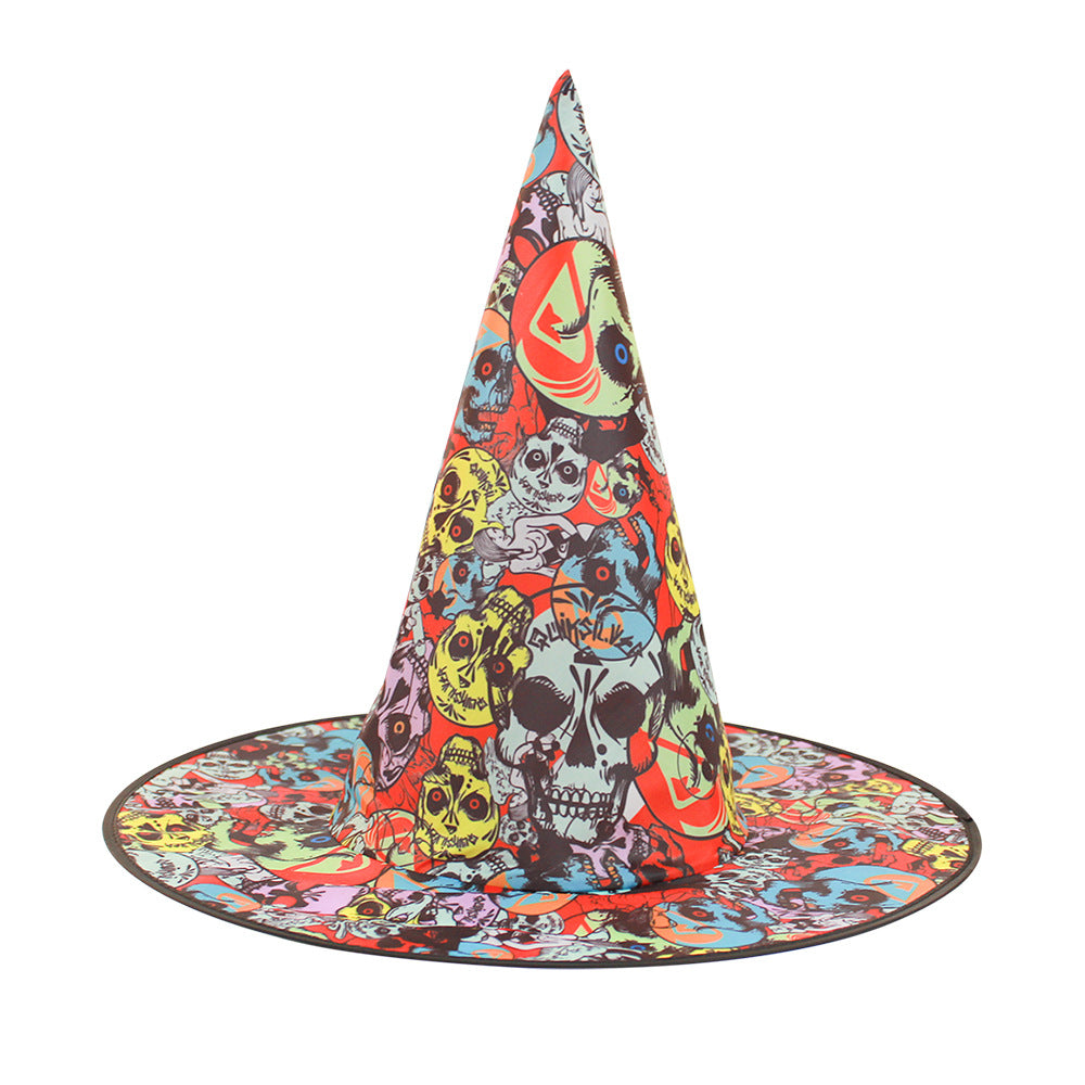 Halloween Hat with a tall pointed cone, covered in colorful cartoon skulls, monsters, and spooky motifs