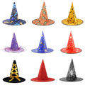 Halloween Hat shown in nine colorful pointed styles, with printed Halloween motifs, stars, glitter, a ribbon bow and spiderweb