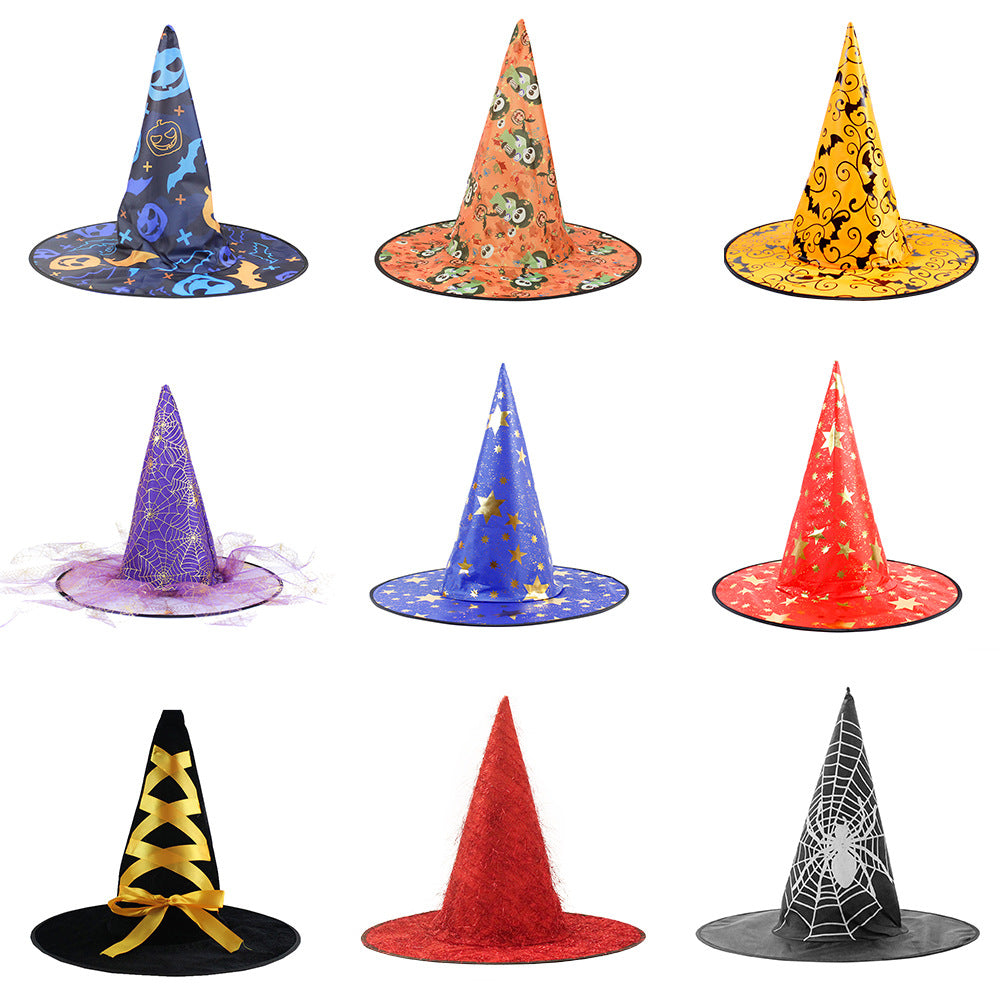 Halloween Hat shown in nine colorful pointed styles, with printed Halloween motifs, stars, glitter, a ribbon bow and spiderweb