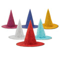 Halloween Hat in glittery red, blue, yellow, pink, silver, and turquoise fabric with tall pointed cones and wide brims