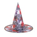 Halloween Hat with a tall pointed crown, gray cobweb print, red roses, and white skull motifs on the brim
