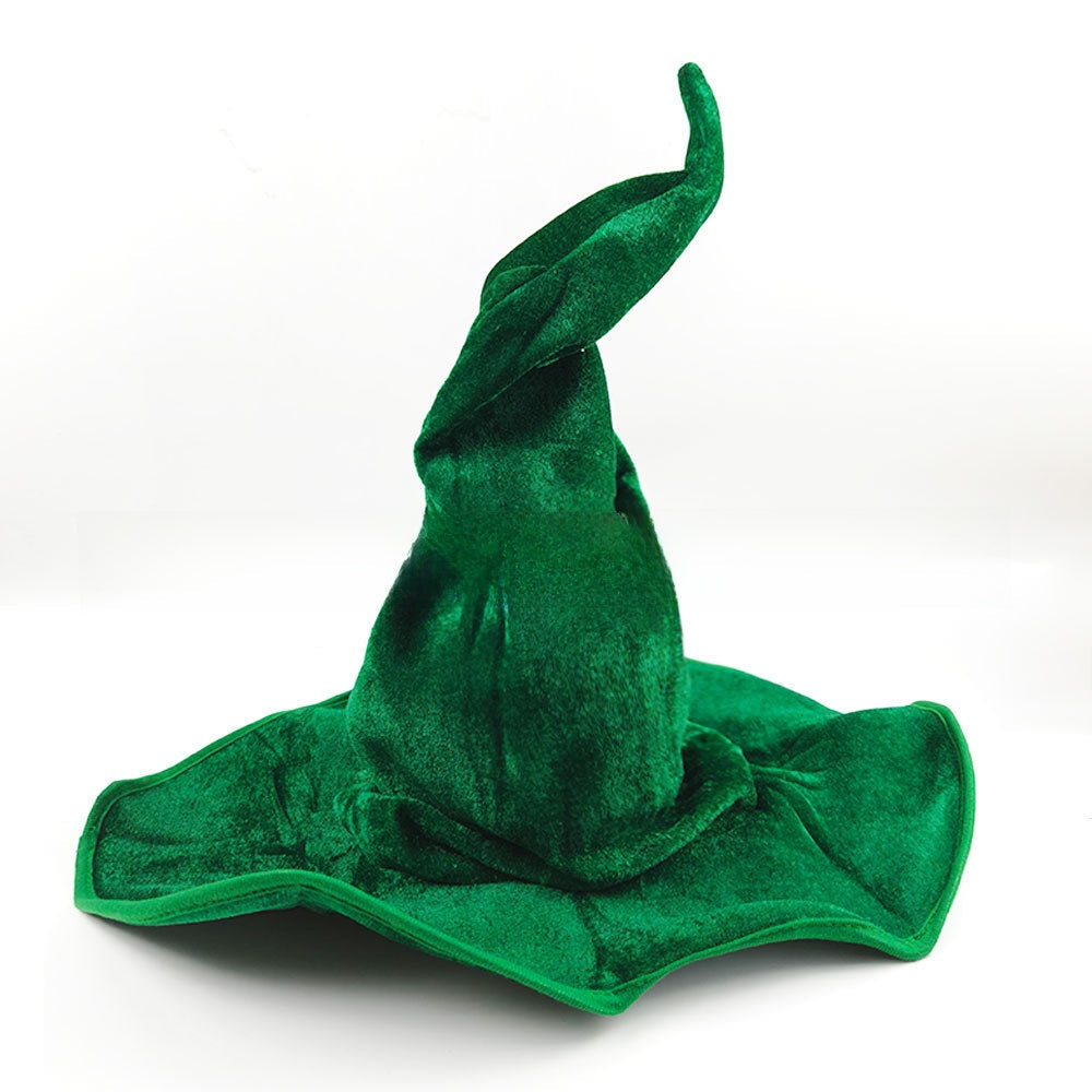 Halloween Hat in rich green velvet with a tall twisted pointed crown and a soft, wavy brim
