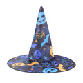 Halloween Hat in dark navy fabric with blue and orange pumpkins, skulls and bats, featuring a tall pointed crown and wide brim