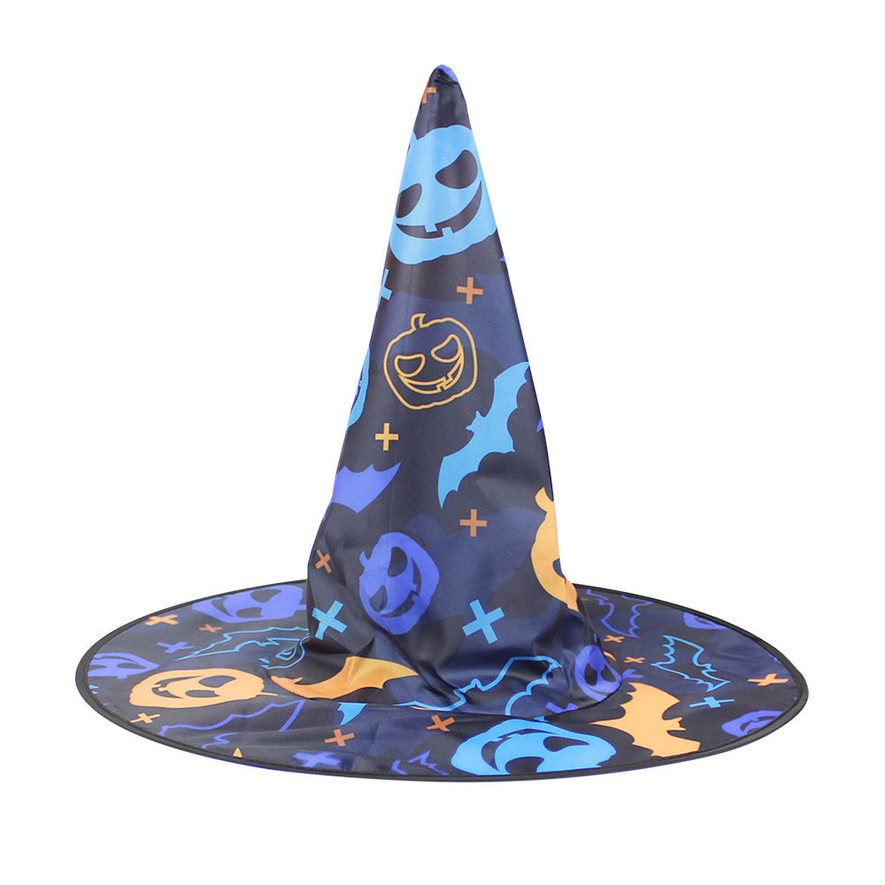 Halloween Hat in dark navy fabric with blue and orange pumpkins, skulls and bats, featuring a tall pointed crown and wide brim