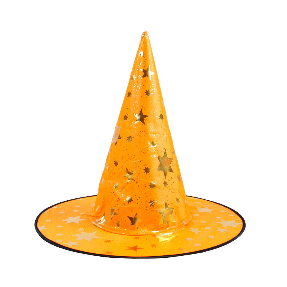 Halloween Hat in bright orange fabric with gold stars and a tall pointed crown, finished with a wide black-edged brim