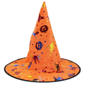 Halloween Hat in bright orange fabric with a tall pointed crown, black-edged brim, and colorful Halloween character and star prints